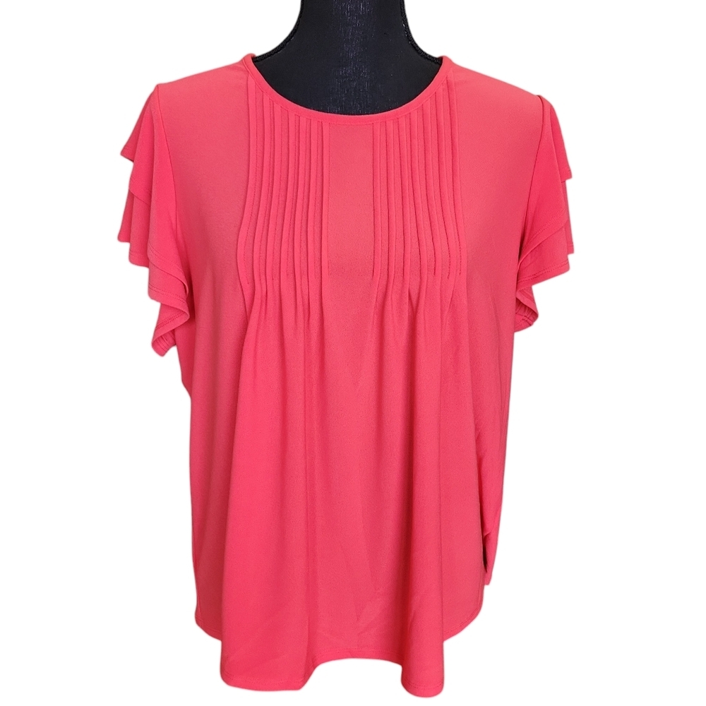 89th & Madison NWT Pink Coral Pleated Flutter Sleeve Blouse Women's Size L